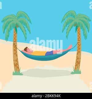 Homme allongé dans un hamac attaché à des palmiers. Vacances paresseuses, rétrogradage, freelance. Liberté dans un complexe tropical. Relaxation, procastination. Illustration de Vecteur