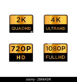 Logo d'icône en résolution vidéo Full hd 2 000 x Golden, 4 000 ultra hd, 720 hd et 1080 p ; étiquette d'affichage pour téléviseur haute définition/moniteur d'écran de jeu Illustration de Vecteur