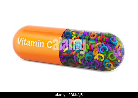 Capsule de vitamine C, acide ascorbique. Rendu 3D isolé sur fond blanc Banque D'Images