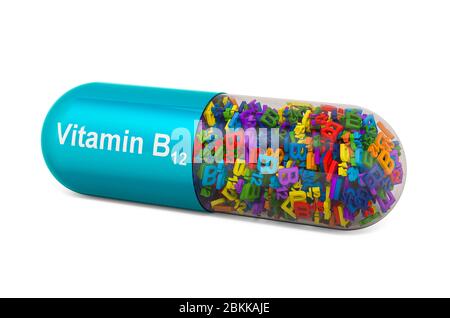 Capsule de vitamine B12, cyanocobalamine. Rendu 3D isolé sur fond blanc Banque D'Images