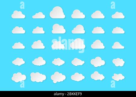 Ensemble de nuages. Nuages simples isolés sur fond bleu, illustration vectorielle. Illustration de Vecteur