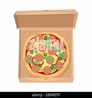 Pizza avec salami, olives et fromage dans une boîte en carton. Vue du haut. Illustration de Vecteur