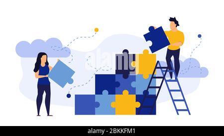 Personne personnes homme et femme se connectent puzzle business puzzle plate arrière-plan concept illustration vectorielle. Équipe d'affaires de coopération. Solutio Illustration de Vecteur