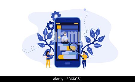 Bibliothèque de livres en ligne scénario illustration concept avec les personnes. Éducation avec téléphone ou ordinateur. Étude de connaissances numériques. Technologie de bannière d'apprentissage des applications Illustration de Vecteur