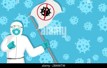 Illustration de motivation vectorielle avec médecin en costume de protection avec masque de visage portant le drapeau avec icône stop coronavirus sur fond bleu horizontal. Illustration de Vecteur