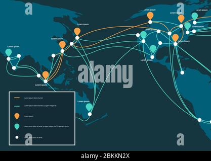 connexions de câble de réseau mondial et système de transfert d'information carte du monde technologie connexion internet télécommunications concept infographie horizontale copie espace illustration vectorielle Illustration de Vecteur