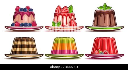 Jeu vectoriel de Panna Cotta et Jelly assorties, collection de 6 illustrations découpés de différentes paanna cotta aux fruits et de la gelée en couches, ensemble de produits laitiers de groupe Illustration de Vecteur