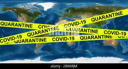 Concept de pandémie et de quarantaine du coronavirus COVID-19, bande de mise en garde sur la carte de la Terre. L'économie mondiale frappe par l'épidémie de virus corona, crise mondiale due à la COV Banque D'Images