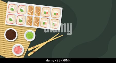 Jeu de sushis et de rouleaux sur un panneau en bois avec sauce soja, wasabi et gingembre. Cuisine japonaise. Modèle vectoriel avec espace pour le texte. Illustration de Vecteur