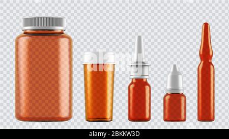 Flacons en verre démontant réalistes pour médicaments, comprimés, gouttes et vaporisateurs, etc. conteneurs médicaux en plastique blanc isolés sur fond transparent Illustration de Vecteur