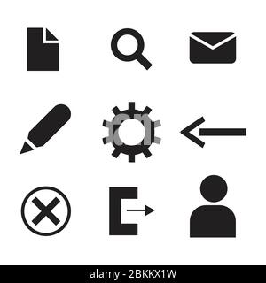 Symboles des icônes numériques de l'ordinateur. Ensemble de paramètres de modification de plume de messagerie de recherche de fichier paramètres de modification de plume engrenage flèche arrière fermer échapper utilisateur isolé sur un dos blanc Illustration de Vecteur