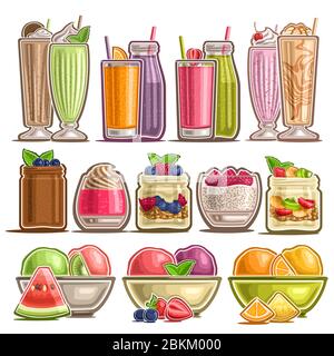 Vector Set de différents desserts, lot de 12 illustrations de boissons fraîches assorties au lait, groupe de nombreux parfaits et puddings et Illustration de Vecteur