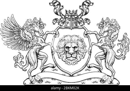 Crest Pegasus Horse Coat of Arms Lion Shield Seal Illustration de Vecteur