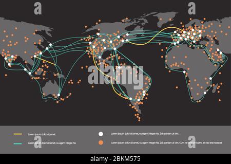 connexions de câble de réseau mondial et système de transfert d'information carte du monde technologie connexion internet télécommunications concept infographie horizontale copie espace illustration vectorielle Illustration de Vecteur