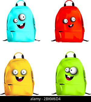 Sacs à dos pour enfants. Personnages de jolis sacs à dos. Bienvenue à l'école.Illustration vectorielle isolée sur fond blanc. Illustration de Vecteur