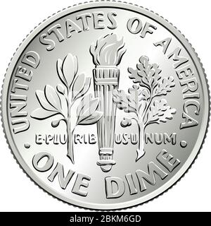 L'argent américain Roosevelt dime, États-Unis une dime ou 10 cent argent pièce, olive branche, torche, chêne branche sur l'envers Illustration de Vecteur