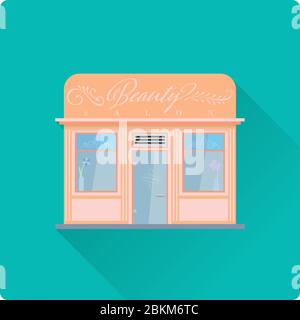 Illustration vectorielle de bâtiment de salon de beauté à motif plat et à grandes ombres. Façade spa de jour. Illustration de Vecteur