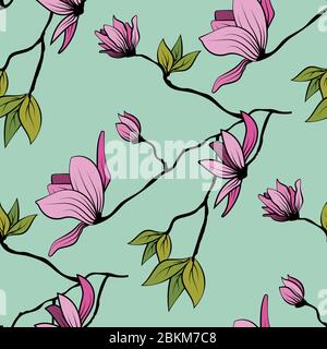 Magnifique motif japonais sans couture avec magnolia rose sur fond coloré pour un design décoratif. Répétition vectorielle transparente Illustration de Vecteur