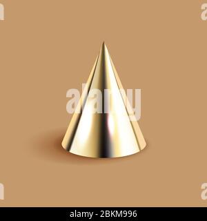 Forme géométrique en relief du cône doré, fond marron. Rendu de forme abstrait en métal brillant. Illustration vectorielle mathématique décorative dans Illustration de Vecteur