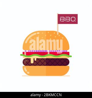 Gros hamburger barbecue ou cheeseburger avec peu de drapeau, illustration de design plat Illustration de Vecteur