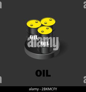Fûts d'huile noirs avec bouchon jaune. Icône isométrique de production d'huile. Illustration vectorielle de stock sur un fond sombre. Illustration de Vecteur