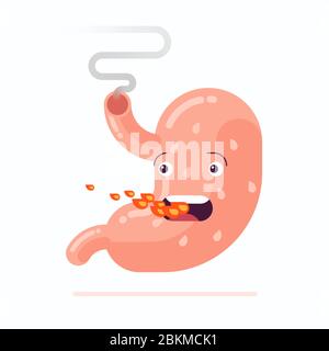 Illustration vectorielle plate du caractère de dessin animé craché de feu d'estomac humain à cause de la maladie de brûlures d'estomac Illustration de Vecteur