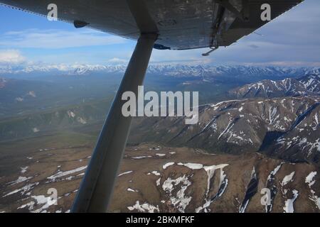 Vue depuis une excursion en vol dans un Beaver de Havilland N30CC sur les plus hautes montagnes et glaciers de Denali, avec Fly Denali, en opération à Healy. Banque D'Images