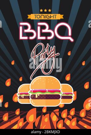 Affiche de fête de barbecue vintage avec hamburgers, feu, gril, illustration de design plat Illustration de Vecteur