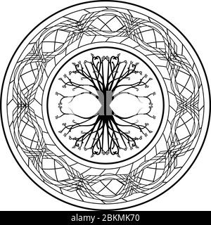 Arbre viking païen de vie yggdrasil dans un cercle tribal ornamenté Illustration de Vecteur
