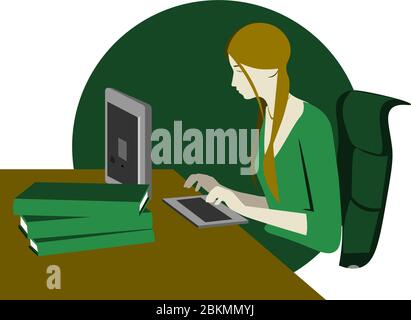 Illustration colorée du lieu de travail et de la jeune femme assise à l'ordinateur Illustration de Vecteur