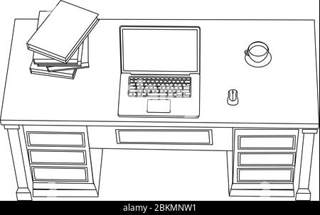 Un minimum de lignes d'art sur le lieu de travail avec un ordinateur portable sur la table, des dossiers de documents et une tasse de café Illustration de Vecteur