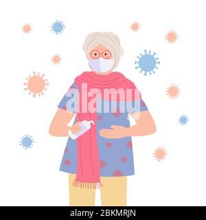 La granny masquée utilise un assainisseur, arrêter la pandémie caricature vieux caractère. Coronavirus dans l'air, sauve la santé, concept contre le covid 19. Illustration vectorielle isolée Illustration de Vecteur