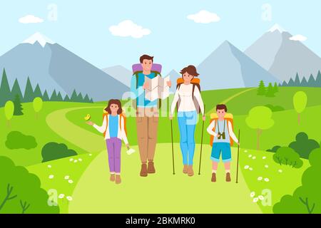 Bonne famille randonnée paysage de montagne caricatures gens. Père, mère et enfants voyageant. En été, activités de plein air, promenade dans la nature. Belle prairie, Voyage de personnes, tourisme. Illustration vectorielle. Illustration de Vecteur
