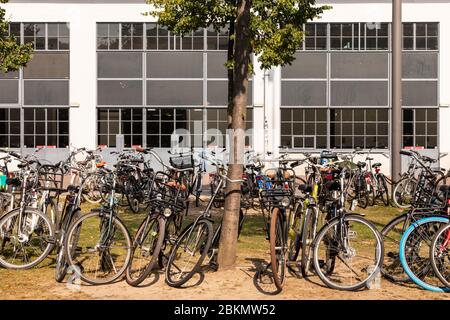 Eindhoven, pays-Bas, 28 août 2019. Beaucoup de vélos garés sur l'herbe en face du Klokgebouw sur Strijp S à Brabant par une journée ensoleillée Banque D'Images