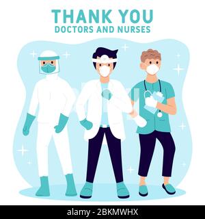 Merci les médecins et les infirmières qui travaillent dans les hôpitaux et qui luttent contre le coronavirus. Reconnaissance pour les travailleurs de la santé, les médecins, les infirmières. Illustration de Vecteur