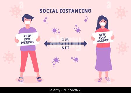 Distanciation sociale, garder la distance pour se protéger contre le concept de propagation de l'épidémie de coronavirus COVID-19. Garder la distance en public pour éviter Illustration de Vecteur