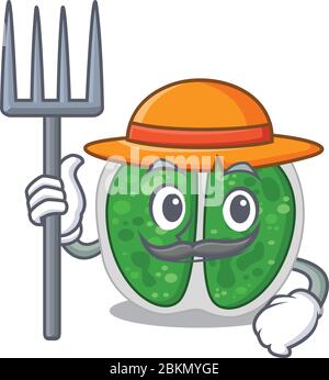 Dessin de personnage de dessin animé de bactéries de chromocales comme un fermier avec chapeau et fourche Illustration de Vecteur