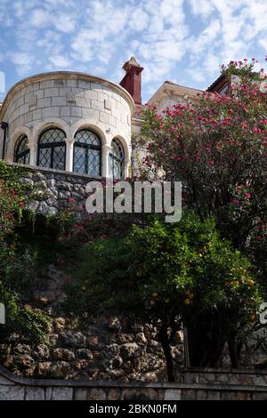 Une maison surcultivée avec de la verdure et des fleurs à Dubrovnik, Dalmatie, Croatie, par une journée ensoleillée en été avec un ciel bleu. Un arbre orange, des fleurs rouges et Banque D'Images