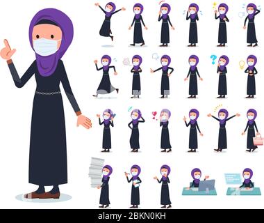 Un ensemble de femmes portant masque et hijab avec qui expriment diverses émotions.il ya des actions liées aux lieux de travail et les ordinateurs personnels.il est l'art vectoriel Illustration de Vecteur