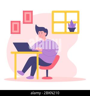 Illustration du concept rester à la maison. Les hommes sont devant un ordinateur portable qui travaille à domicile. Auto-isolement, quarantaine due au coronavirus. Illustration vectorielle. Illustration de Vecteur