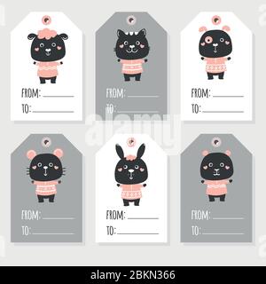 Ensemble d'animaux de ferme noirs et blancs. Mouton, chaton, chiot, souris, lapin, hamster Illustration de Vecteur