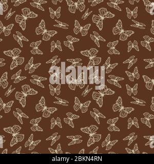 Magnifique papillon, silhouettes beige simples sur un motif brun vintage sans couture Illustration de Vecteur