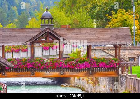 Chamonix Mont-Blanc, France, rivière Arve et pont décoré de fleurs violettes colorées Banque D'Images