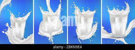 Lait dans un verre transparent. Éclaboussez le lait sur fond bleu. Lait de cocktail. Des éclaboussures de lait frais réalistes. Ensemble de vecteurs 3D Illustration de Vecteur