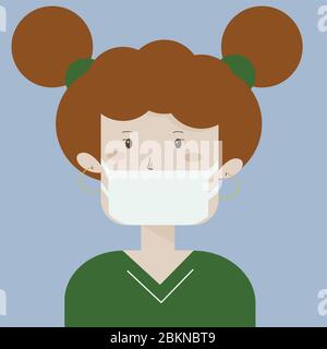 Masque médical pour prévenir les virus. Enfant portant un masque chirurgical. Petite fille. Caractère enfant. Personnage de dessin animé. Masque facial. Illustration de Vecteur