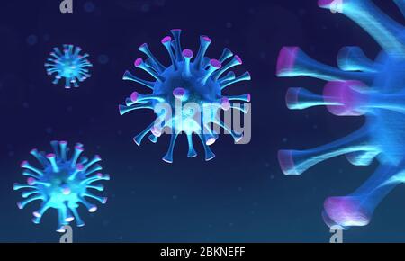 Vue microscopique d'un virus infectieux. Contagion et propagation d'une maladie. Corona COVID-19. Rendu 3D Banque D'Images