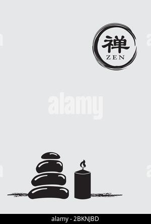 Illustration vectorielle minimaliste d'une pile de galets à côté d'une bougie allumée et d'un symbole zen circulaire. Le caractère chinois signifie Zen. Illustration de Vecteur