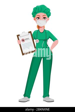 Belle femme médecin tenant le presse-papiers. Femme médecin ou infirmière personnage de dessin animé dans des vêtements de travail de protection travaillant à l'hôpital. Vecteur illu Illustration de Vecteur