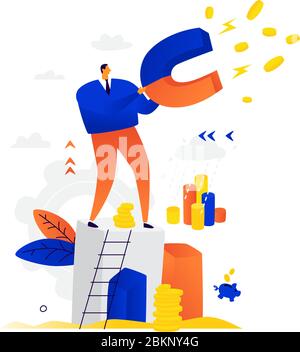 Illustration d'un homme d'affaires avec un aimant attirant des revenus. Vecteur. Collecte de fonds dans les affaires. Pièces de monnaie autour d'un homme d'affaires. Évolution de carrière dans la com Illustration de Vecteur