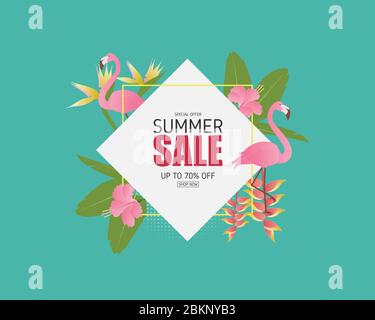 Bannière de solde d'été avec oiseau flamant, feuilles tropicales et fleurs en papier coupé. Art papier d'artisanat numérique. Affiche et arrière-plan de la saison estivale. Illustration de Vecteur